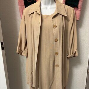 Vintage DJ SUMMERS Textured Silky TAN Tank SHEATH DRESS w 3/4 slv DUSTER ~ sz 6